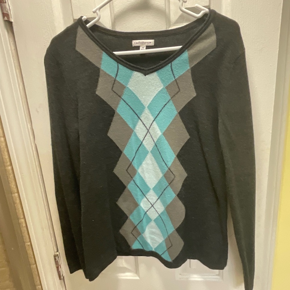 Croft & Barrow Woman Acrylic Sweater Gray Blue Chest Diamond Size M